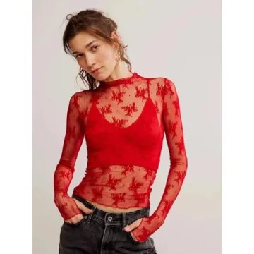VELISDE Women's Floral Sheer Lace Mesh Layering Tops