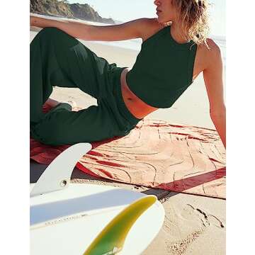 Ugerlov Women's Two Piece Summer Sets Ribbed Tank Crop Top Wide Leg Pants 2 Piece Outfits Matching Lounge Sets Tracksuit, Dark Green S