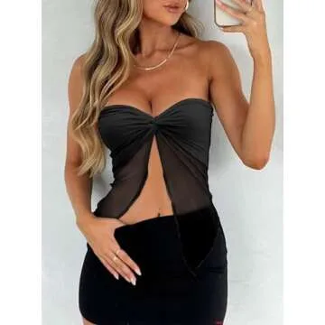 CSDAJIO Women's Sheer Mesh Twist Split Front Asymmetrical Tube Top Strapless Bandeau Crop Top Backless Shirt Black Large