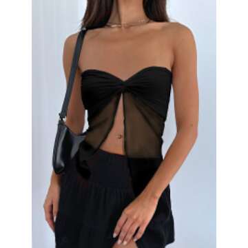 CSDAJIO Women's Sheer Mesh Twist Split Front Asymmetrical Tube Top Strapless Bandeau Crop Top Backless Shirt Black Large