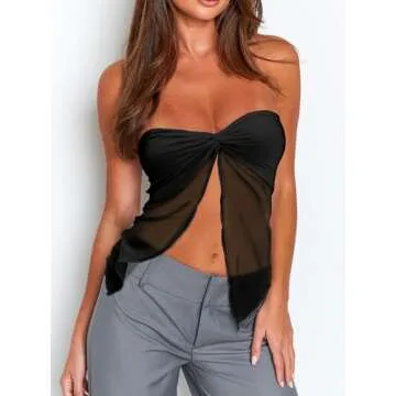 CSDAJIO Women's Sheer Mesh Twist Split Front Asymmetrical Tube Top Strapless Bandeau Crop Top Backless Shirt Black Large