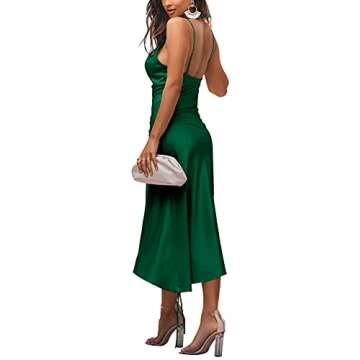 LYANER Women's Satin Spaghetti Straps Cowl Neck Sexy Ruch Cocktail Midi Dresses Dark Green Medium