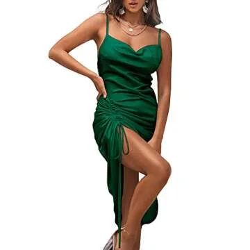 LYANER Women's Satin Spaghetti Straps Cowl Neck Sexy Ruch Cocktail Midi Dresses Dark Green Medium