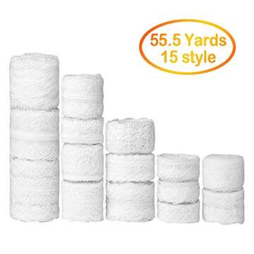 FEPITO 55.5 Yards White Lace Trim Ribbon 15 Rolls Lace Ribbons Assorted Patterns White Vintage Lace ...