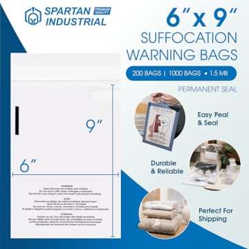 Spartan Industrial - 6” X 9” (200 Count) Self Seal Clear Poly Bags with Suffocation Warning for ...