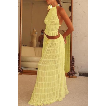 Argeousgor Women's Maxi Skirt Set Lace Up Back Summer Outfit