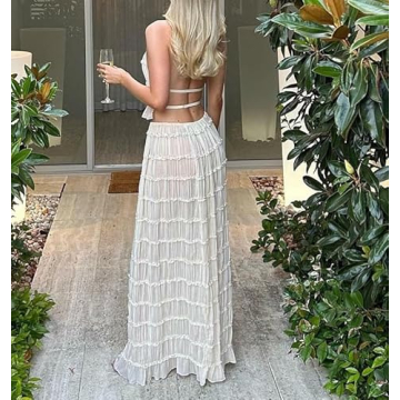 Argeousgor Women's Maxi Skirt Set Lace Up Back Summer Outfit