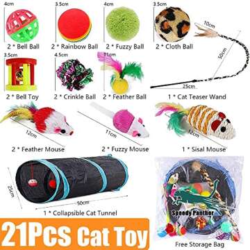 21 Pcs Cat Toys for Indoor Cats Collapsible Cat Tunnel Interactive Feather Teaser Wand Ball Toy for ...