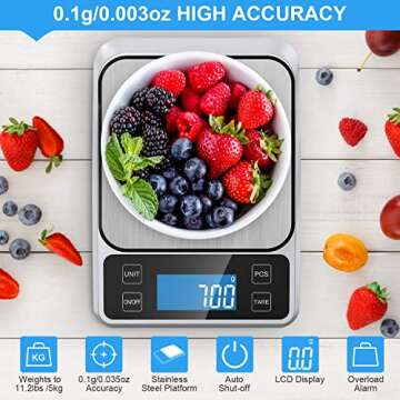 Allkeys USB Rechargeable Food Scale,Digital Kitchen Scale Weight Grams and Oz for Cooking and Baking, 0.1g/0.035oz Precise Graduation, 9"x6.3"Stainless Steel Surface, Large Back-lit LCD Display