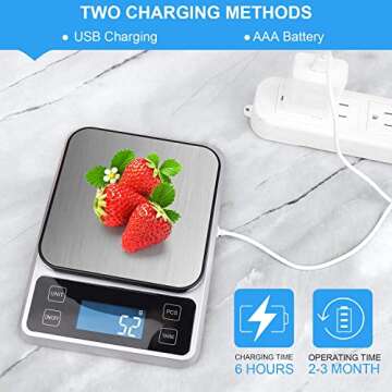 Allkeys USB Rechargeable Food Scale,Digital Kitchen Scale Weight Grams and Oz for Cooking and Baking, 0.1g/0.035oz Precise Graduation, 9"x6.3"Stainless Steel Surface, Large Back-lit LCD Display