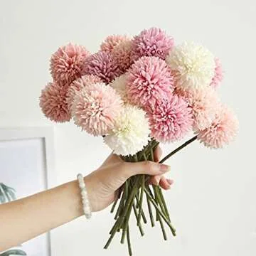 Tinsow 12 Pcs Faux Ball Chrysanthemum Bouquet for Weddings