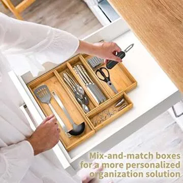 Bamboo Drawer Organizer Storage Box Set - Stylish & Versatile for Home and Office   