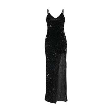 BerryGo Women's Sexy Sparkly V Neck Bodycon Sequin Prom Ball Gown Evening Long Cocktail Maxi Valentines Dress with High Slit Black XL