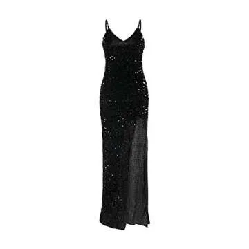 BerryGo Women's Sexy Sparkly V Neck Bodycon Sequin Prom Ball Gown Evening Long Cocktail Maxi Valentines Dress with High Slit Black XL