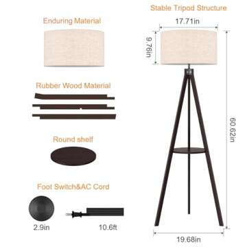 LEPOWER Tripod Floor Lamp, Mid Century Wood Standing Lamp, Modern Design Shelf Floor Lamp for Living Room, Bedroom, Office, Flaxen Lamp Shade with E26 Lamp Base Walnut