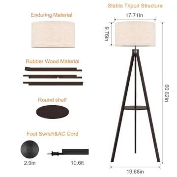 LEPOWER Tripod Floor Lamp, Mid Century Wood Standing Lamp, Modern Design Shelf Floor Lamp for Living Room, Bedroom, Office, Flaxen Lamp Shade with E26 Lamp Base Walnut