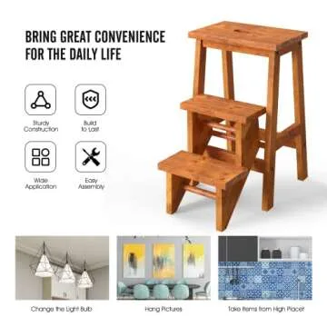 Giantex Folding 3 Tier Step Ladder, Multifunction 3-in-1 Wood Step Stool with Anti-Slip, Convenient Handle, Display Ladder and Storage Shelf for Library, Home Kitchen, Household Work, Garage (Coffee)