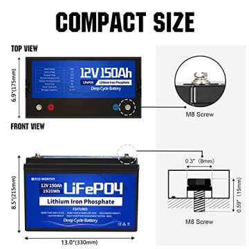 ECO-WORTHY 12V 150Ah LiFePO4 Lithium Iron Phosphate Battery Deep Cycle Rechargeable Battery with Built-in BMS, 3000+ Life Cycles, Perfect for RV, Marine, Motorhome, Solar, Household Battery