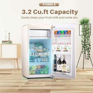 Kismile Retro Mini Fridge with Freezer, Rated 3.2 cu. ft, Small Refrigerator with Adjustable Removable Glass Shelves, Mechanical Control, for Office, Dorm, Bedroom (White)