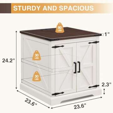 Barnyatoh Farmhouse End Table with Charging Station,24" Large Side Table with Barn Door, Rustic Wood Square Nightstand Bedside Table with Adjustable Shelf for Living Room, Bedroom,Antique White 2-Pack