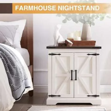 Barnyatoh Farmhouse End Table with Charging Station,24" Large Side Table with Barn Door, Rustic Wood Square Nightstand Bedside Table with Adjustable Shelf for Living Room, Bedroom,Antique White 2-Pack