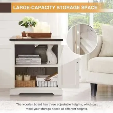 Barnyatoh Farmhouse End Table with Charging Station,24" Large Side Table with Barn Door, Rustic Wood Square Nightstand Bedside Table with Adjustable Shelf for Living Room, Bedroom,Antique White 2-Pack