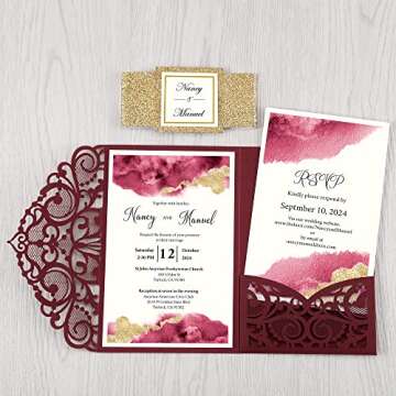 DORIS HOME 50PCS Laser Cut Wedding Invitations with Envelopes and RSVP Cards BLANK Inner With Gold G...