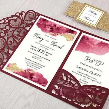 DORIS HOME 50PCS Laser Cut Wedding Invitations with Envelopes and RSVP Cards BLANK Inner With Gold Glitter Belly Band for Wedding Engagement Bridal Shower Party Invite 4.7x7 Inch Burgundy