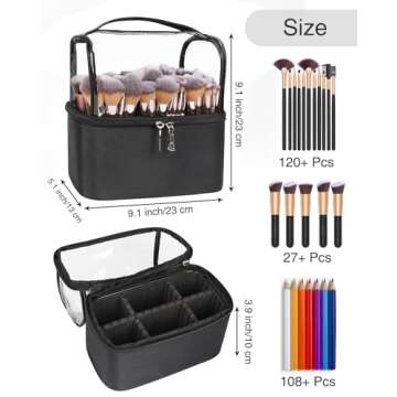 Makeup Brush Case Makeup Brush Organizer Bag Travel Stand-up Makeup Cup Professional Cosmetic Bags Artist Storage Bag with Adjustable Dividers Flip-Top Makeup Brush Holder (Black)