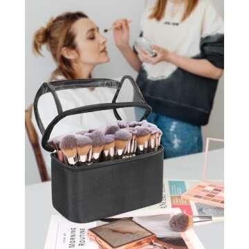 Makeup Brush Case Makeup Brush Organizer Bag Travel Stand-up Makeup Cup Professional Cosmetic Bags Artist Storage Bag with Adjustable Dividers Flip-Top Makeup Brush Holder (Black)