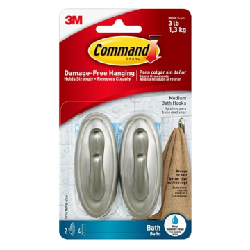 Command Medium Bath Hooks, Holds up to 3 lb, 2 Shower Hooks, 4 Water Resistant Strips, Brushed Nicke...