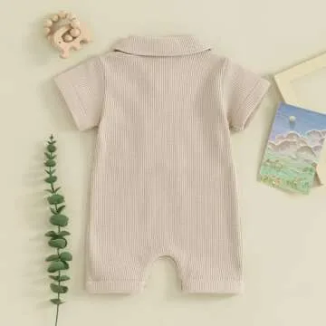 Newborn Baby Boy Clothes Waffle Knit Polo Romper Bodysuit Solid Short Sleeve Collared Onesie One Piece Jumpsuit (A-Khaki, 0-3 Months)