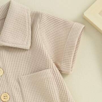 Newborn Baby Boy Clothes Waffle Knit Polo Romper Bodysuit Solid Short Sleeve Collared Onesie One Piece Jumpsuit (A-Khaki, 0-3 Months)