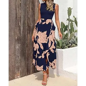 BTFBM Women Casual Sleeveless Summer Dresses 2025 Spring Crewneck Patchwork Boho Floral Ruffle Cocktail Party Midi Dress(Pink Floral Navy, Small)