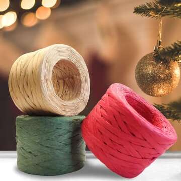 CREATRILL 3 Rolls Red Green Kraft 1/4" by 492 Feet Raffia Ribbon/String, 164 Feet Each Roll, Packing Paper Twine for Christmas