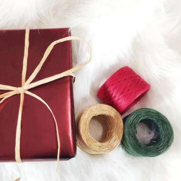 CREATRILL 3 Rolls Red Green Kraft 1/4" by 492 Feet Raffia Ribbon/String, 164 Feet Each Roll, Packing Paper Twine for Christmas