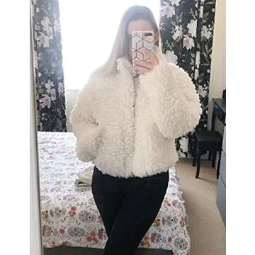 JIKAL Women's Oversized Fur Long Sleeve Boucle Zip Up Snug Shearling Teddy Faux Pockets Coat, White, Large