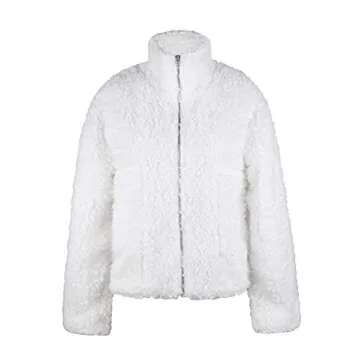 JIKAL Women's Oversized Fur Long Sleeve Boucle Zip Up Snug Shearling Teddy Faux Pockets Coat, White, Large