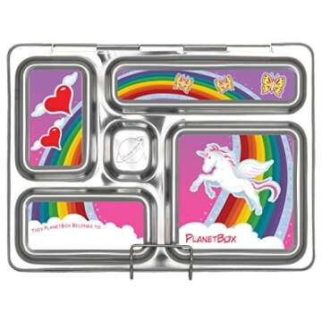 PlanetBox ROVER Eco-Friendly Stainless Steel Bento Lunch Box with 5 Compartments for Adults and Kids - Rainbow Carry Bag with Rainbow Magnets