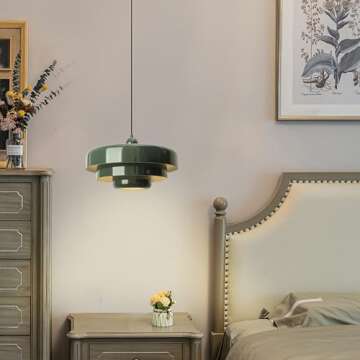 DoungRos Plug-in Green Pendant Light Fixtures, 16FT Hanging Lights with Plug in Cord 3-Layer Shade Mid Century Modern Hanging Lamp Pendant Lighting for Bedroom Dining Room Living Room