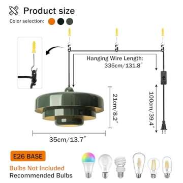 DoungRos Plug-in Green Pendant Light Fixtures, 16FT Hanging Lights with Plug in Cord 3-Layer Shade Mid Century Modern Hanging Lamp Pendant Lighting for Bedroom Dining Room Living Room