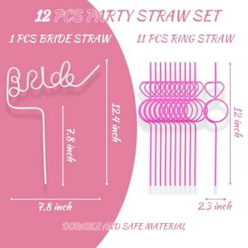 Bachelorette Party Decorations Straws Set 12 Pcs, Vulgbunee Bride Party Supplies,11 Diamond Ring (Pink) and 1 Bride Straw (White)