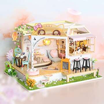 CUTEBEE Dollhouse Miniature with Furniture, DIY Wooden Dollhouse Kit Plus Dust Proof, Creative Room Idea(Cat Coffee Garden)