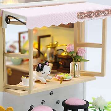CUTEBEE Dollhouse Miniature with Furniture, DIY Wooden Dollhouse Kit Plus Dust Proof, Creative Room Idea(Cat Coffee Garden)
