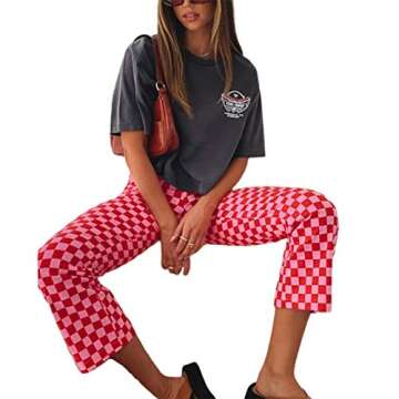 Plaid Color Block Sweatpant for Women Y2k Fashion Loose High Waist Trousers Straight Leg Vintage Casual Streetwear Pants (Red, S)