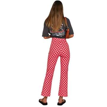 Plaid Color Block Sweatpant for Women Y2k Fashion Loose High Waist Trousers Straight Leg Vintage Casual Streetwear Pants (Red, S)