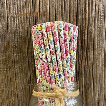 Rose Floral Paper Straws - Valentine Wedding Birthday Shower Supply - Pink Yellow Blue White - 7.75 Inches - 100 Pack - Outside the Box Papers Brand
