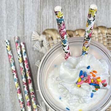 Rose Floral Paper Straws - Valentine Wedding Birthday Shower Supply - Pink Yellow Blue White - 7.75 Inches - 100 Pack - Outside the Box Papers Brand