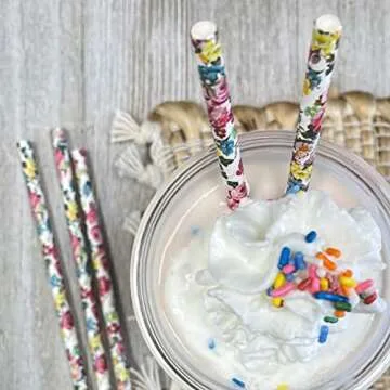 Rose Floral Paper Straws - Valentine Wedding Birthday Shower Supply - Pink Yellow Blue White - 7.75 Inches - 100 Pack - Outside the Box Papers Brand