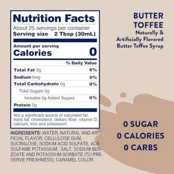 Jordan's Skinny Syrups Sugar Free Coffee Syrup, Butter Toffee Flavor Drink Mix, Zero Calorie Flavoring for Lattes, Protein Shake, Food & More, Gluten Free, Keto Friendly, 25.4 Fl Oz, 1 Pack